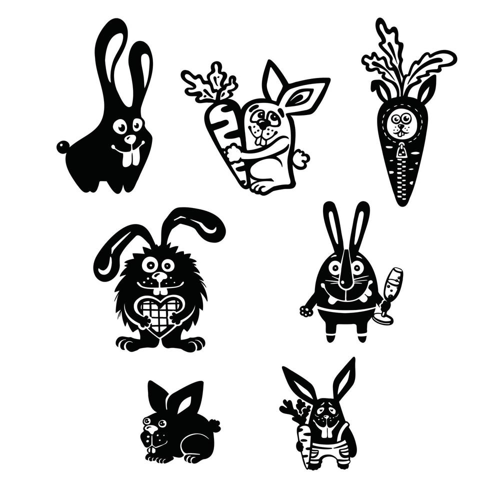 ensemble de lièvres drôles de bande dessinée, lapins comiques, illustration de silhouette vecteur