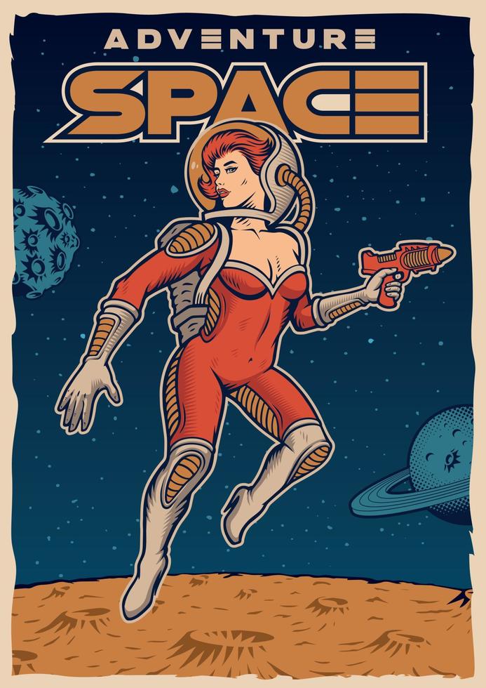 pin up girl astronaute couleur affiche vintage pour le thème de l'espace vecteur