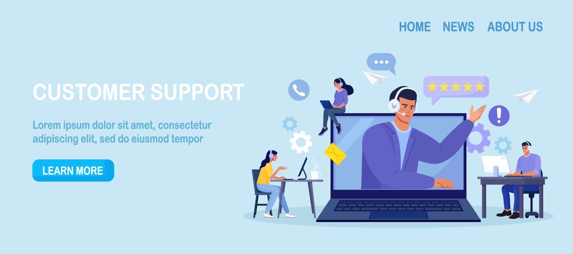 service client. Contactez-nous. homme avec casque et microphone parlant avec des clients sur écran d'ordinateur portable. service d'assistant personnel, opérateur de hotline conseille le client, support technique mondial en ligne vecteur