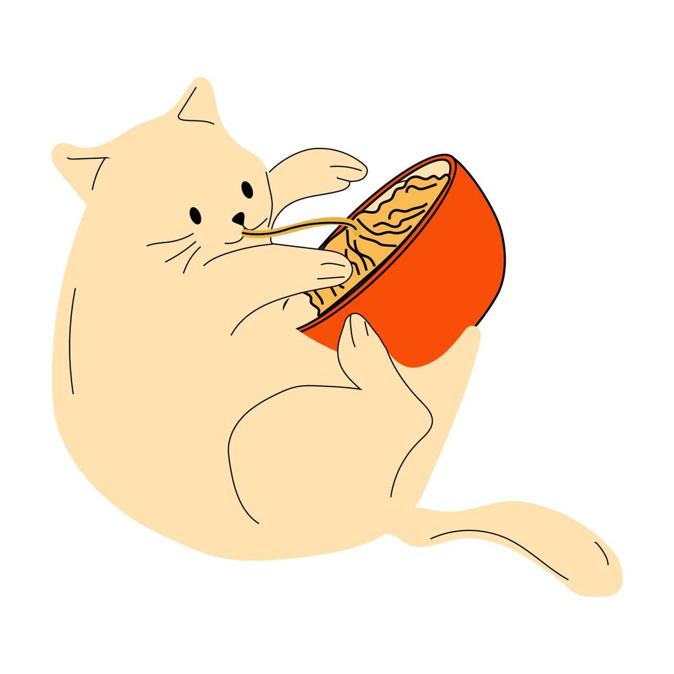 chat mignon mangeant des nouilles et utilise des baguettes. ramens. nourriture asiatique. vecteur