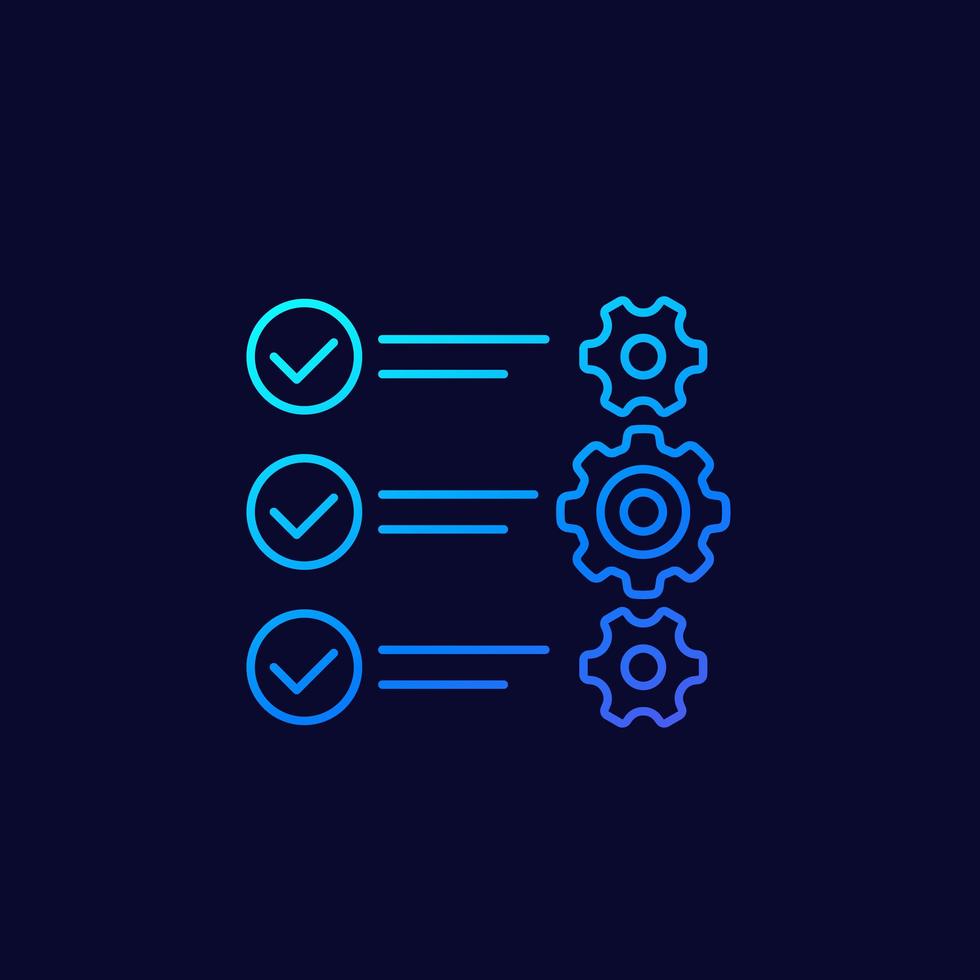 liste de contrôle avec engrenages, icône linéaire vecteur