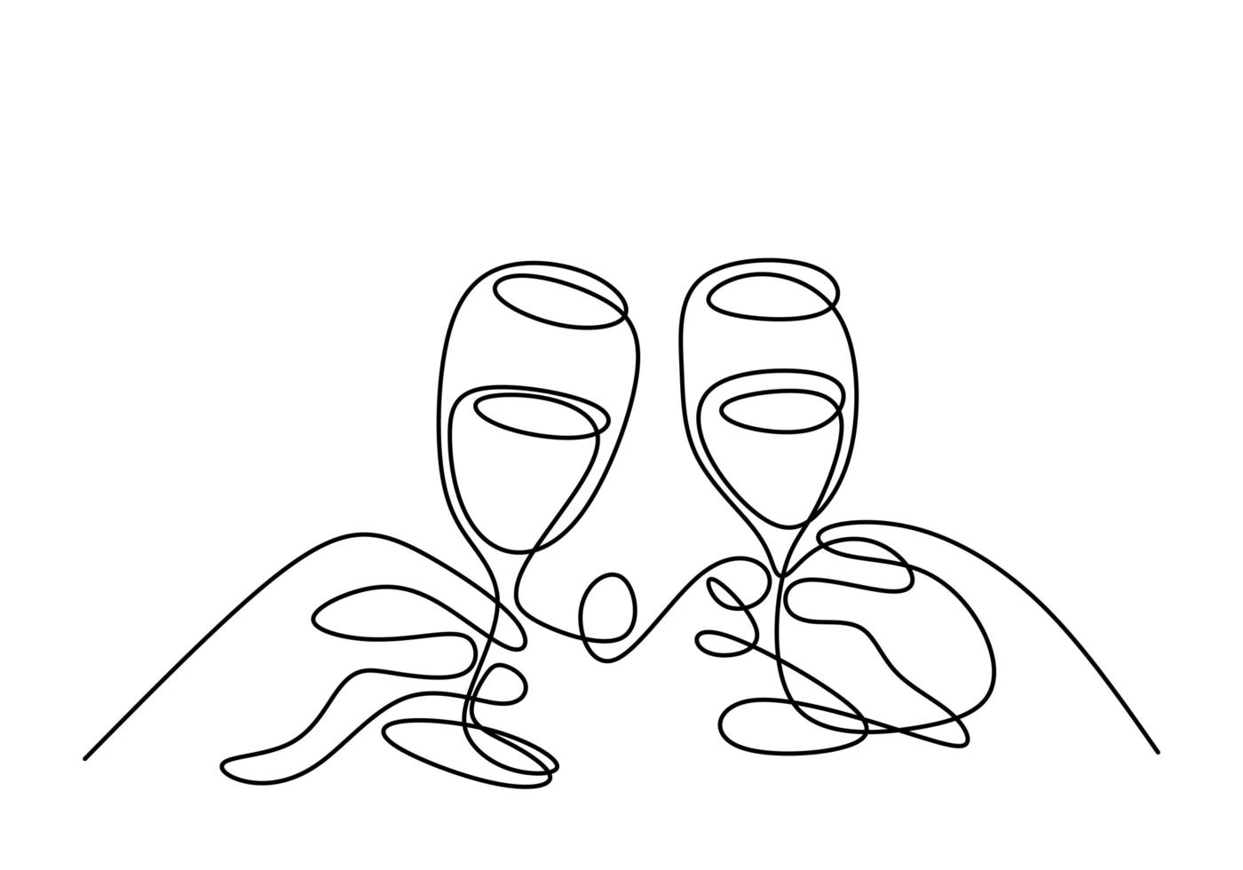 dessin d'une ligne continue. applaudissements avec des verres de vin ou de champagne. main de croquis de minimalisme dessiné isolé sur fond blanc. style abstrait art ligne simplicité. vecteur