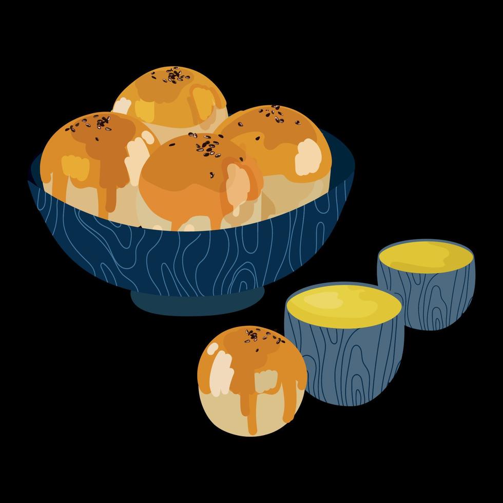 gâteau de lune jaune pâtisserie avec des tasses de thé vert dessin en illustration vectorielle de dessin animé style réaliste. vecteur