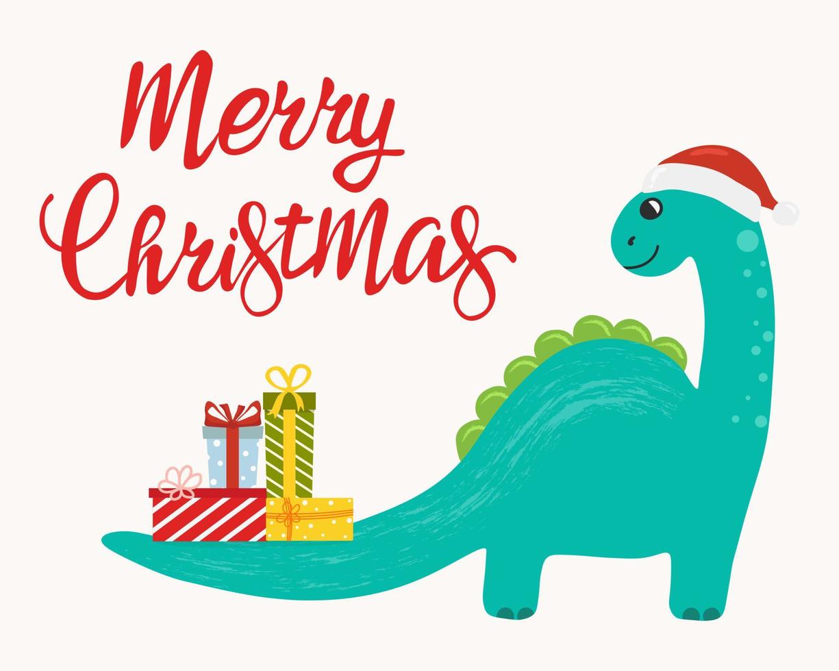 carte de noël avec un dinosaure mignon en chapeau de père noël avec des cadeaux sur sa queue. joyeux noël. vecteur