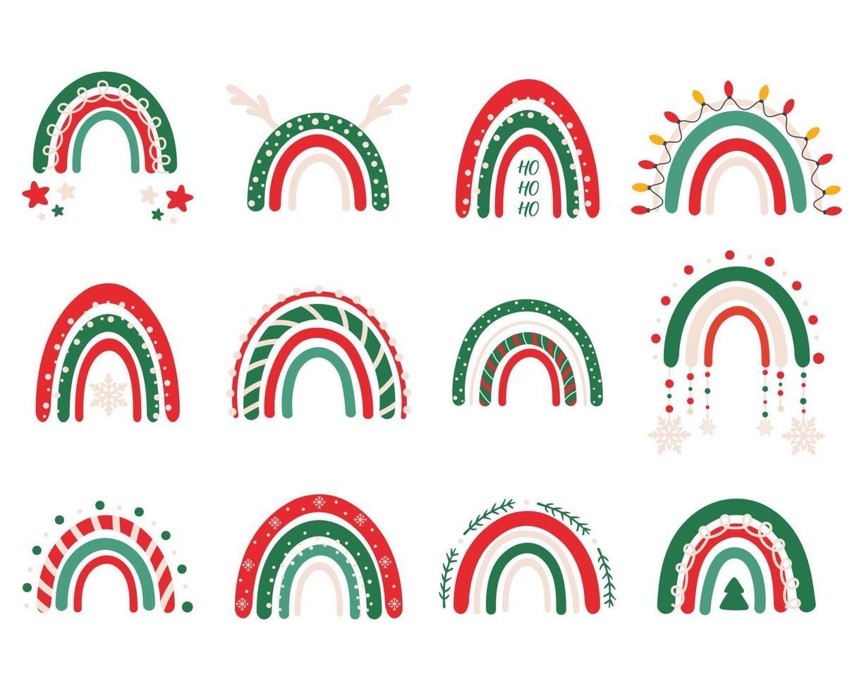 collection vectorielle pour la décoration de noël avec des arcs-en-ciel de noël. parfait pour les imprimés de vêtements, les décorations, les autocollants, les bannières et les cartes. symboles et éléments du nouvel an et de noël. vecteur