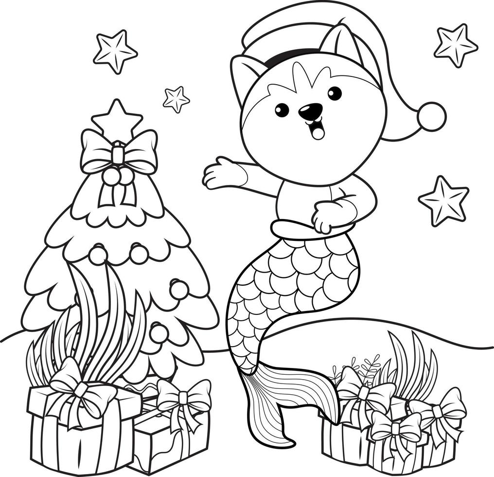 livre de coloriage de noël avec une jolie sirène husky vecteur