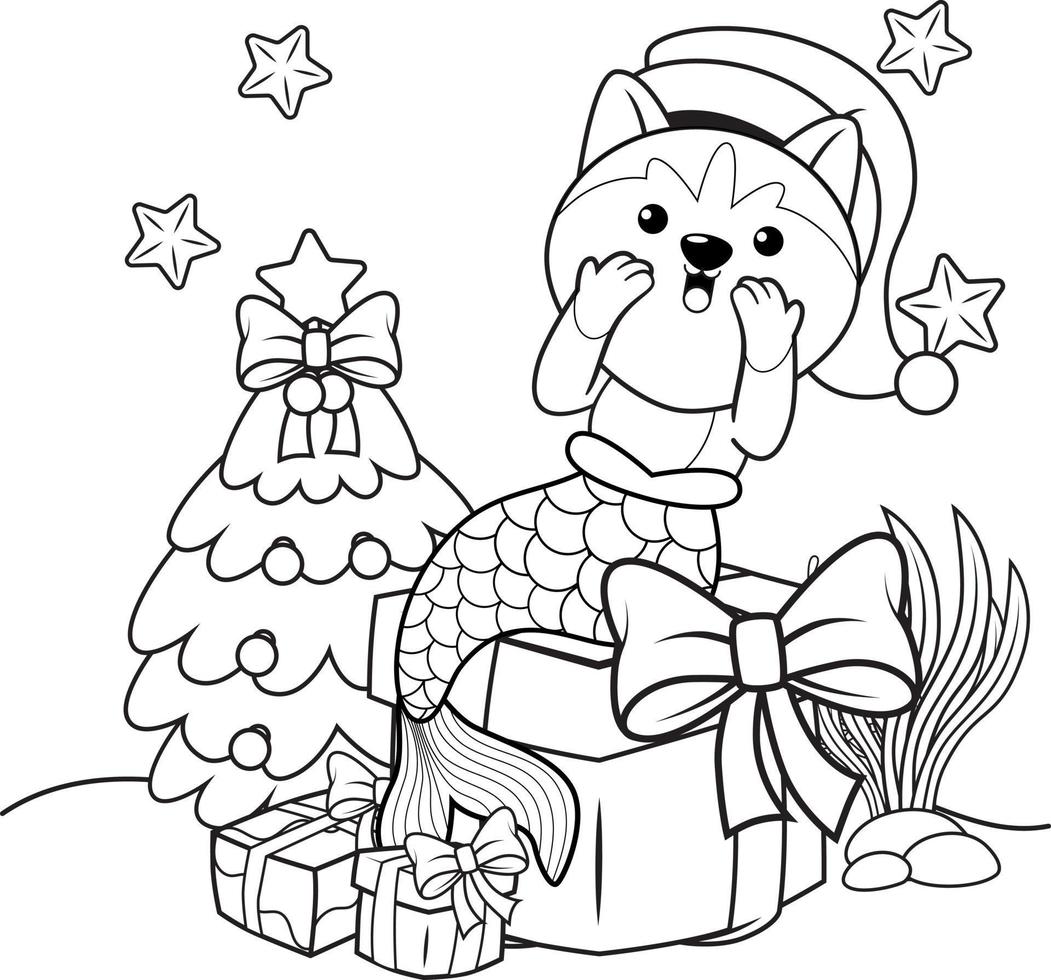 livre de coloriage de noël avec une jolie sirène husky vecteur