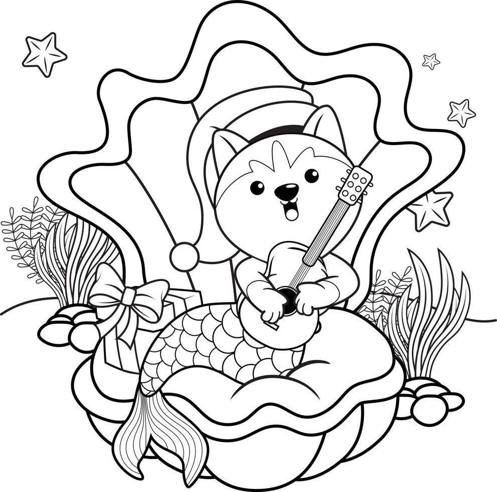 livre de coloriage de noël avec une jolie sirène husky vecteur