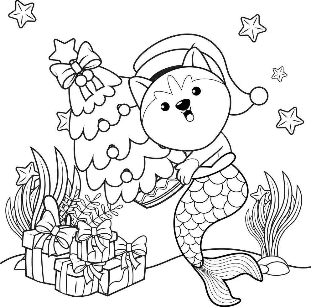 livre de coloriage de noël avec une jolie sirène husky vecteur