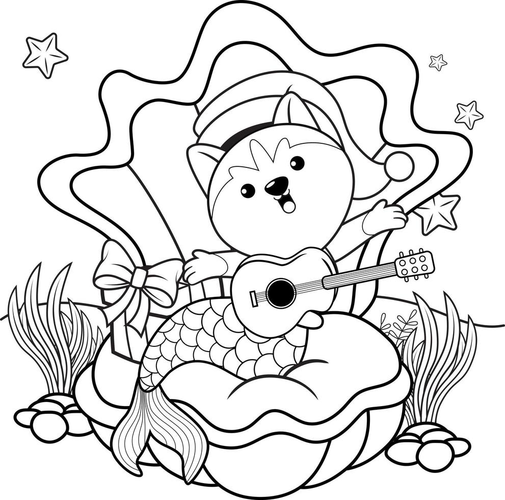 livre de coloriage de noël avec une jolie sirène husky vecteur