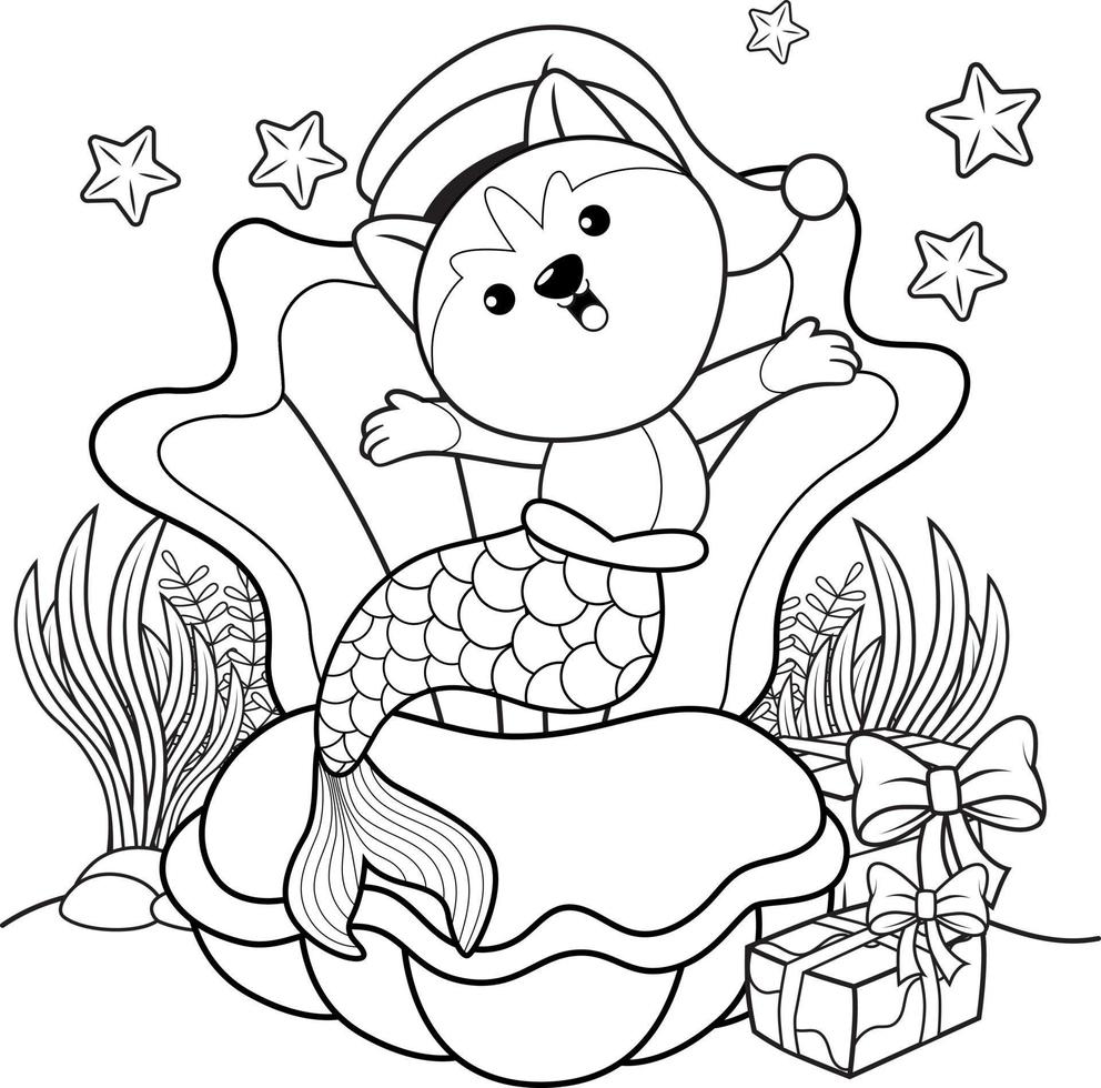 livre de coloriage de noël avec une jolie sirène husky vecteur