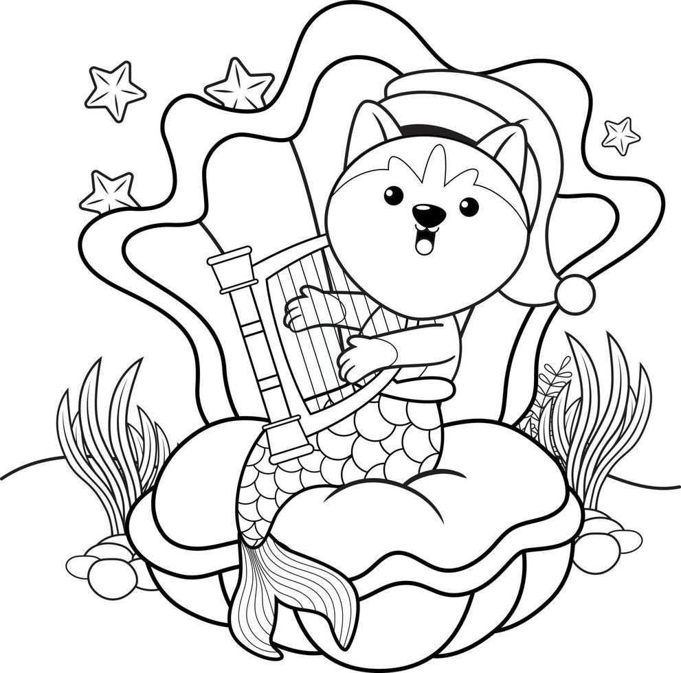 livre de coloriage de noël avec une jolie sirène husky vecteur