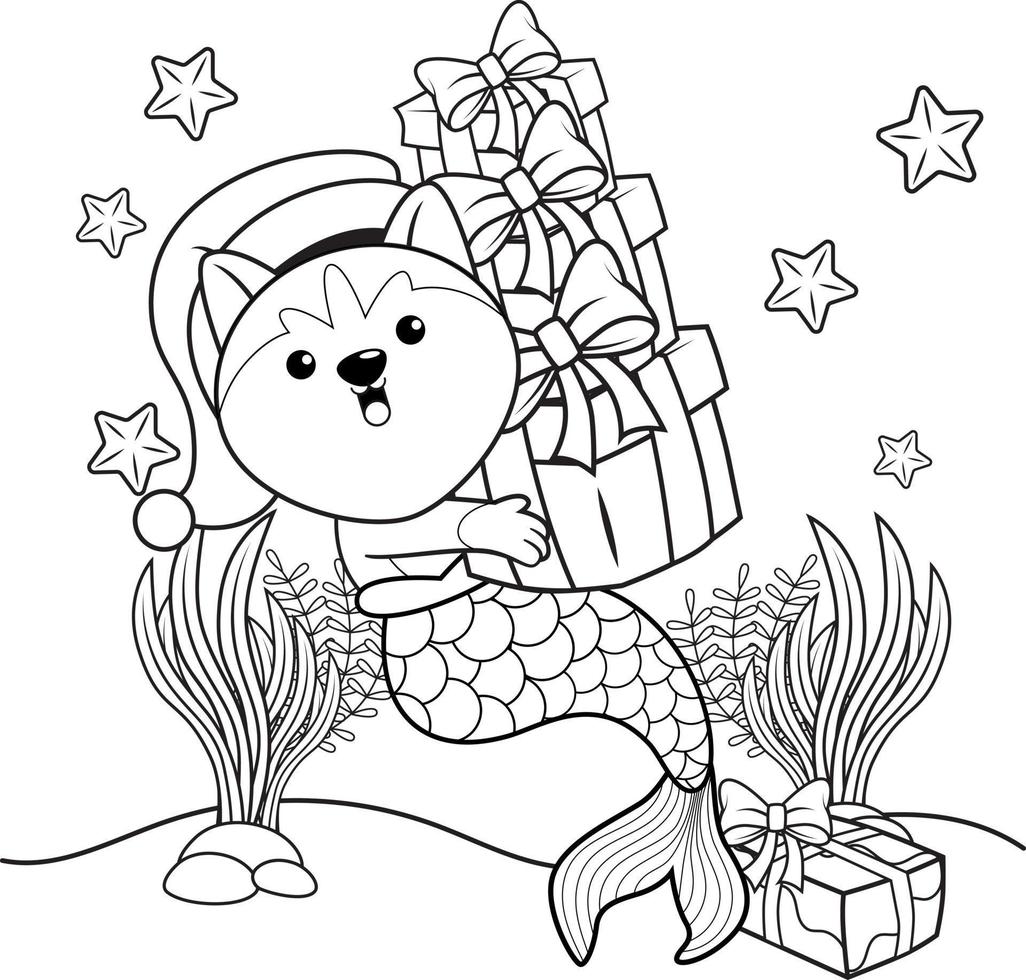 livre de coloriage de noël avec une jolie sirène husky vecteur