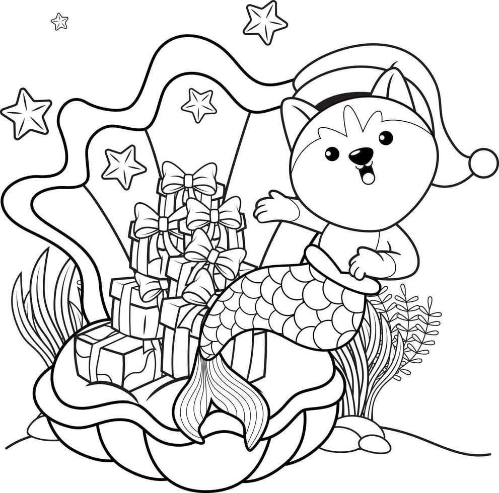 livre de coloriage de noël avec une jolie sirène husky vecteur