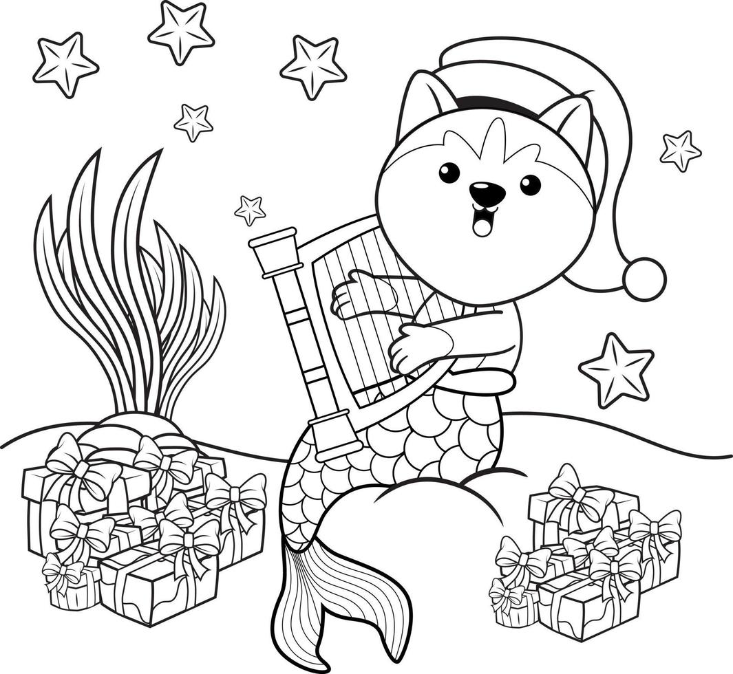 livre de coloriage de noël avec une jolie sirène husky vecteur