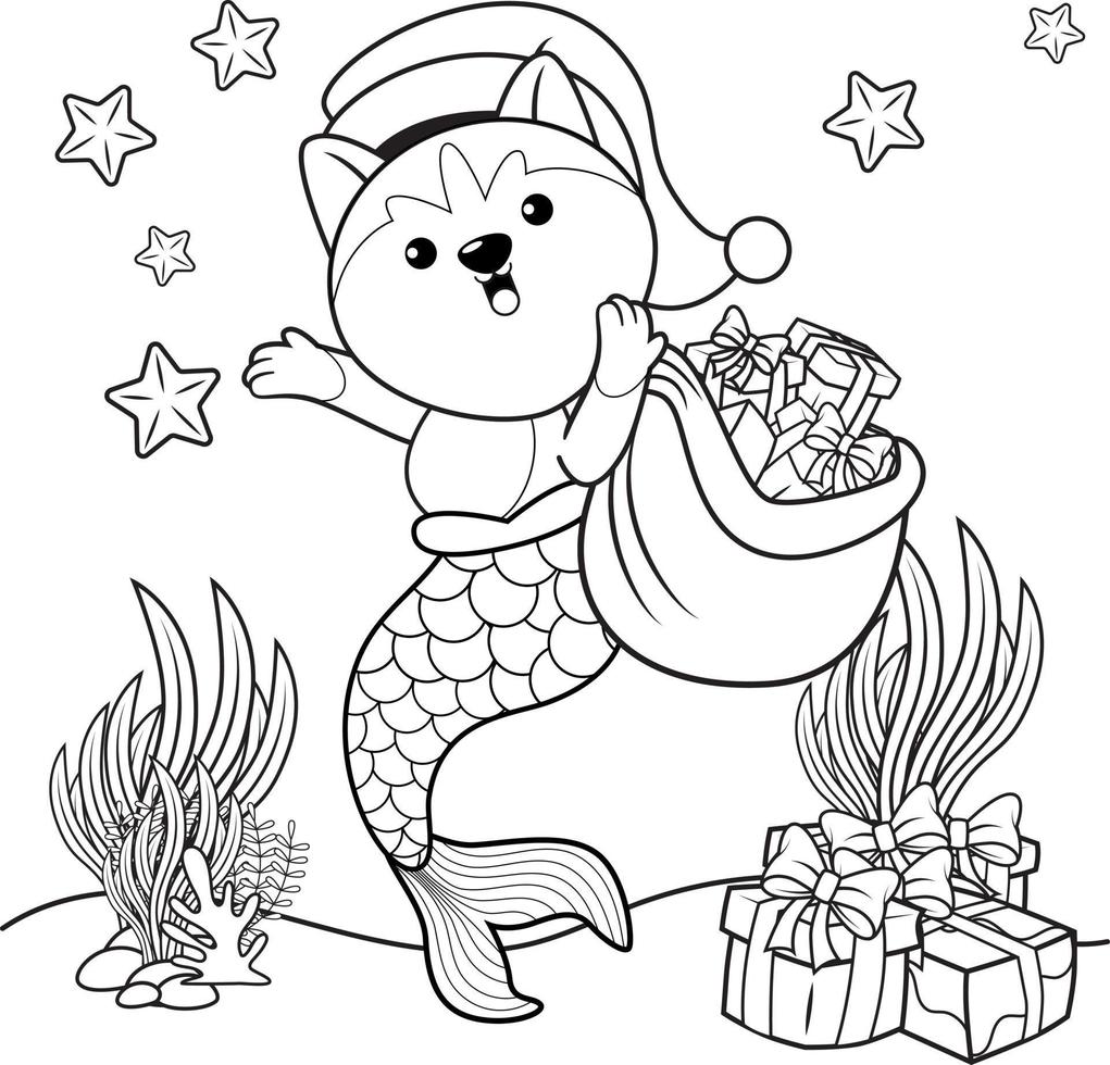 livre de coloriage de noël avec une jolie sirène husky vecteur