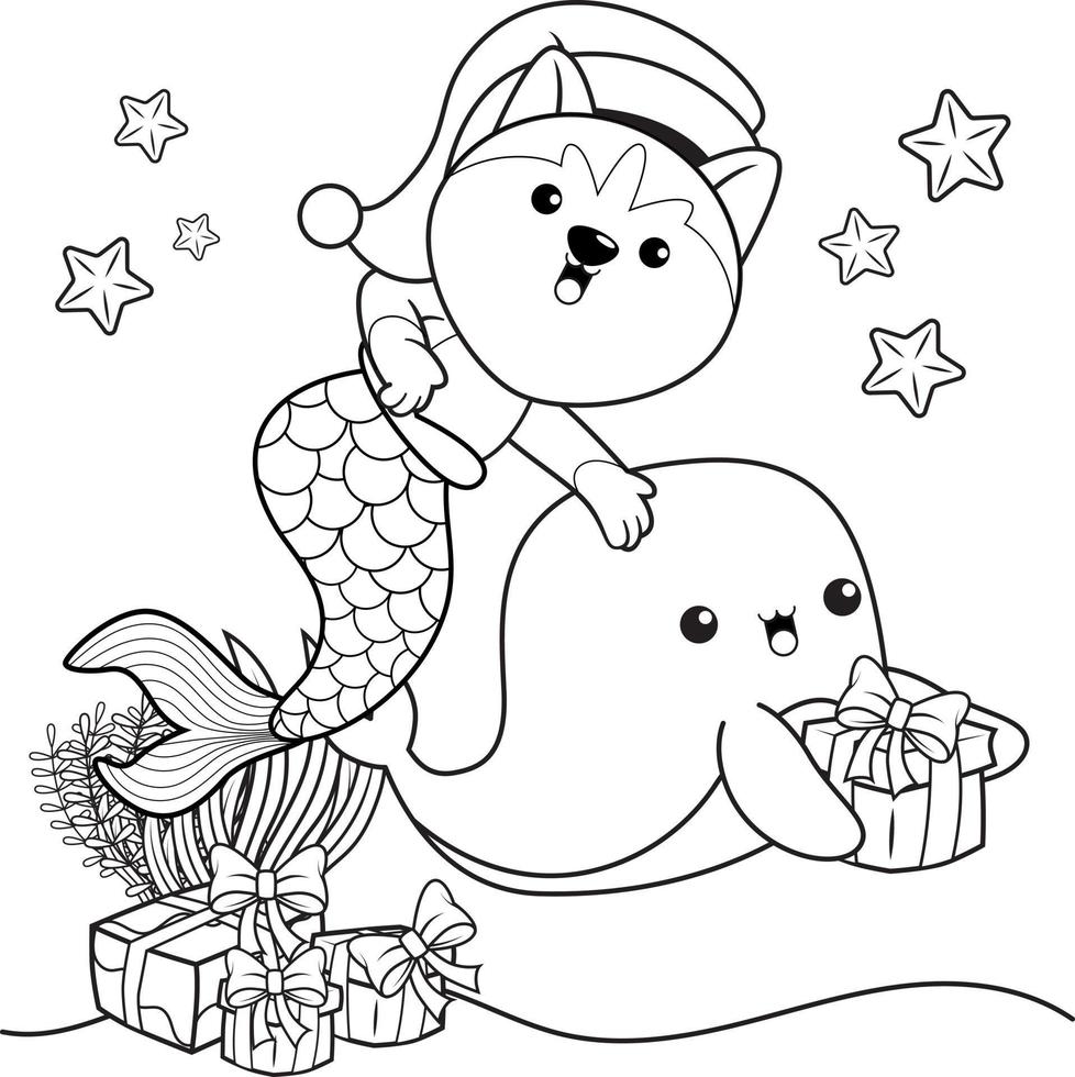 livre de coloriage de noël avec une jolie sirène husky vecteur