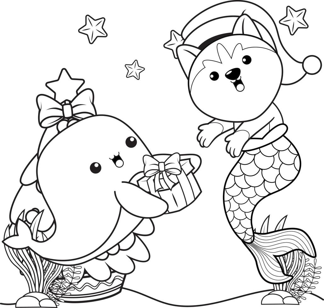 livre de coloriage de noël avec une jolie sirène husky vecteur