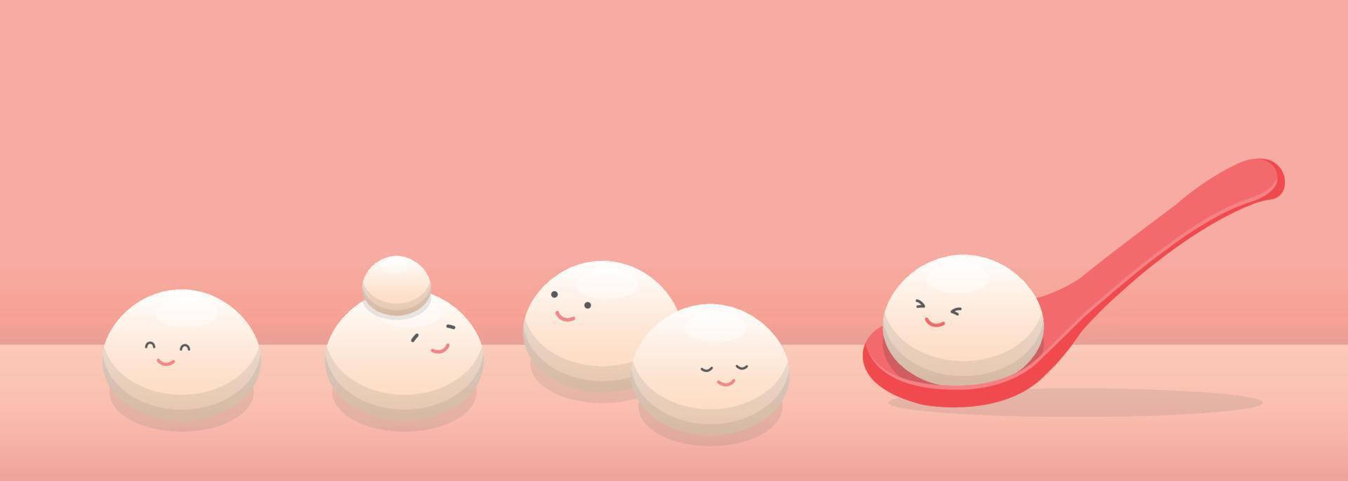 mascotte tangyuan, expression ludique et mignonne, nourriture sucrée au riz gluant en asie, dim sum traditionnel pour le festival des lanternes ou le solstice d'hiver, pour la conception d'affiches vecteur