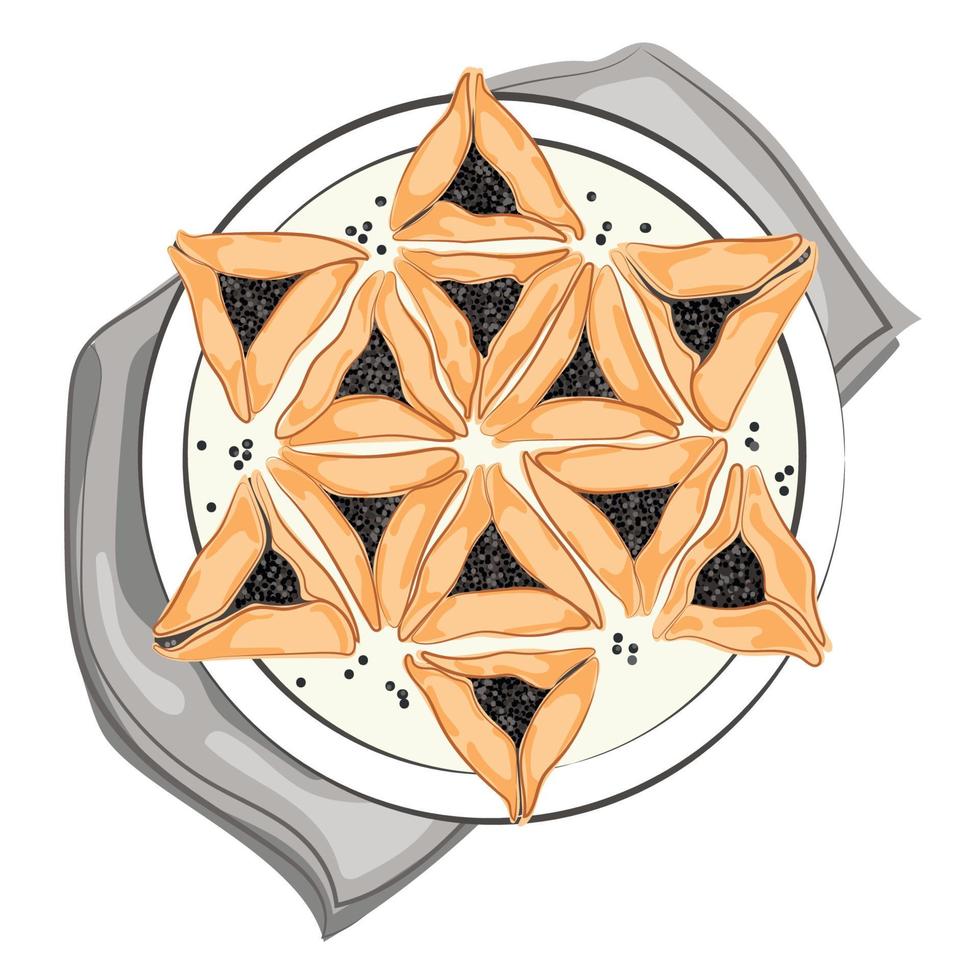 biscuits hamantaschen juifs aux graines de pavot disposés sur une assiette en forme d'étoile de david vue de dessus, élément de conception pour l'illustration vectorielle de vacances de pourim dessinée à la main vecteur