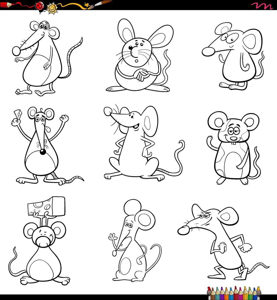 dessin animé, souris, animaux, caractères, ensemble, livre coloration, page vecteur
