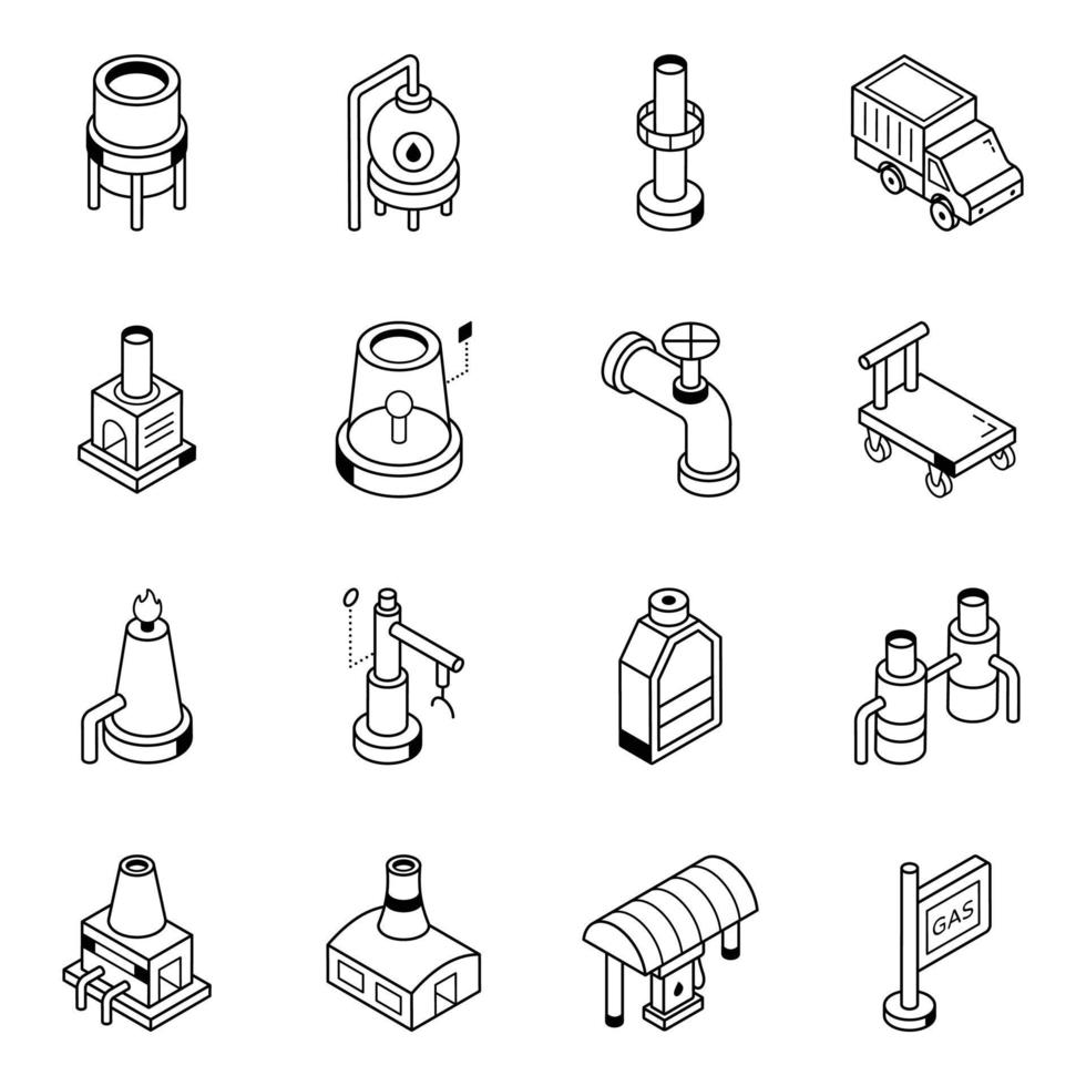 ensemble d'icônes de ligne isométrique d'usine pétrolière vecteur
