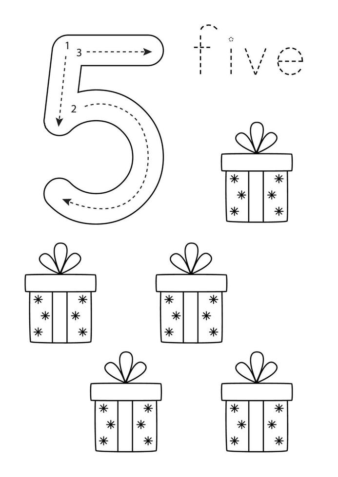 flashcard numéro 5. feuille de calcul préscolaire. cadeaux de nouvel an. vecteur