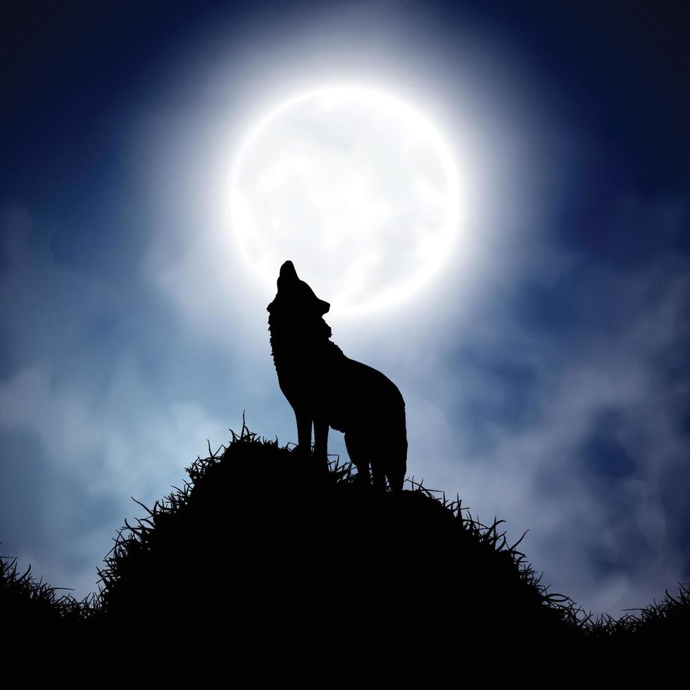 loup hurlant de nuit d'halloween sur fond de pleine lune vecteur