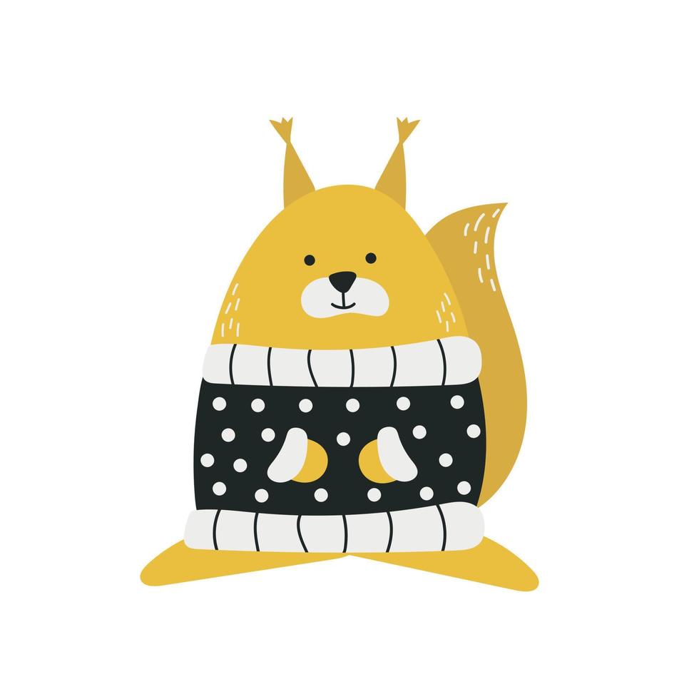 drôle d'écureuil dessiné à la main en pull sur fond blanc. illustration vectorielle. style scandinave minimaliste pour enfants, couleur noir et jaune vecteur