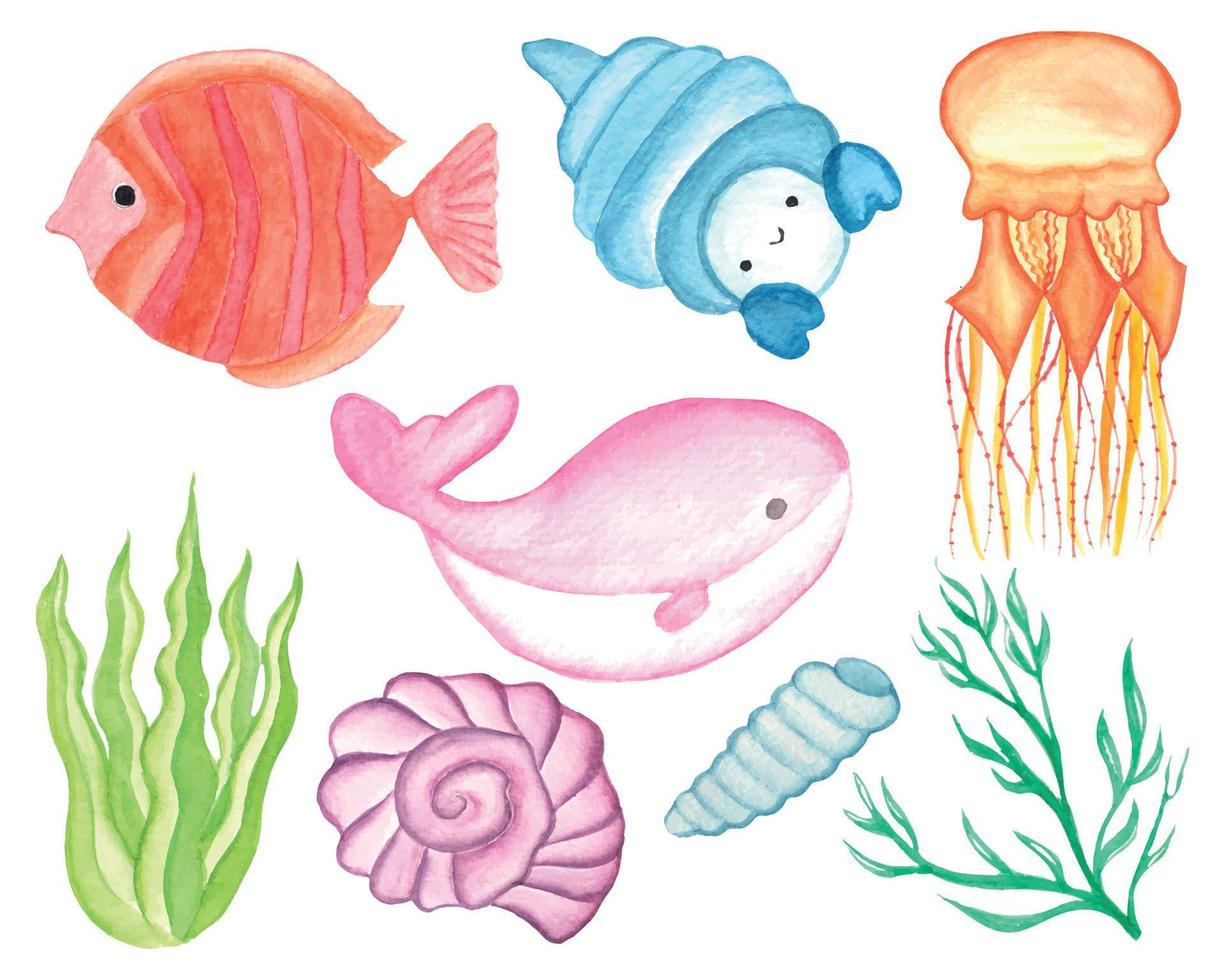 ensemble de clipart aquarelle sous la mer vecteur