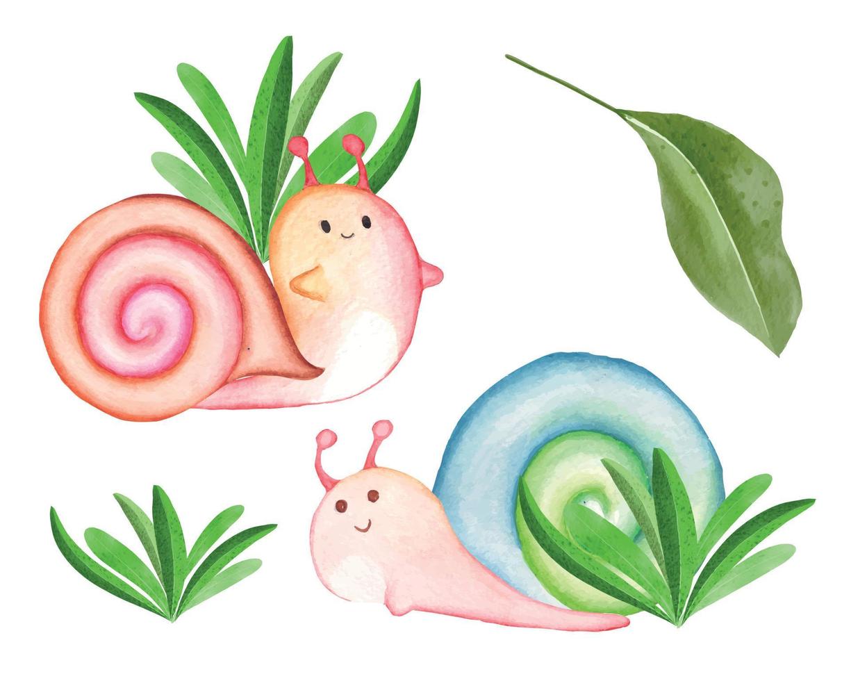 ensemble de clipart escargot aquarelle, illustration d'escargot de jardin mignon vecteur