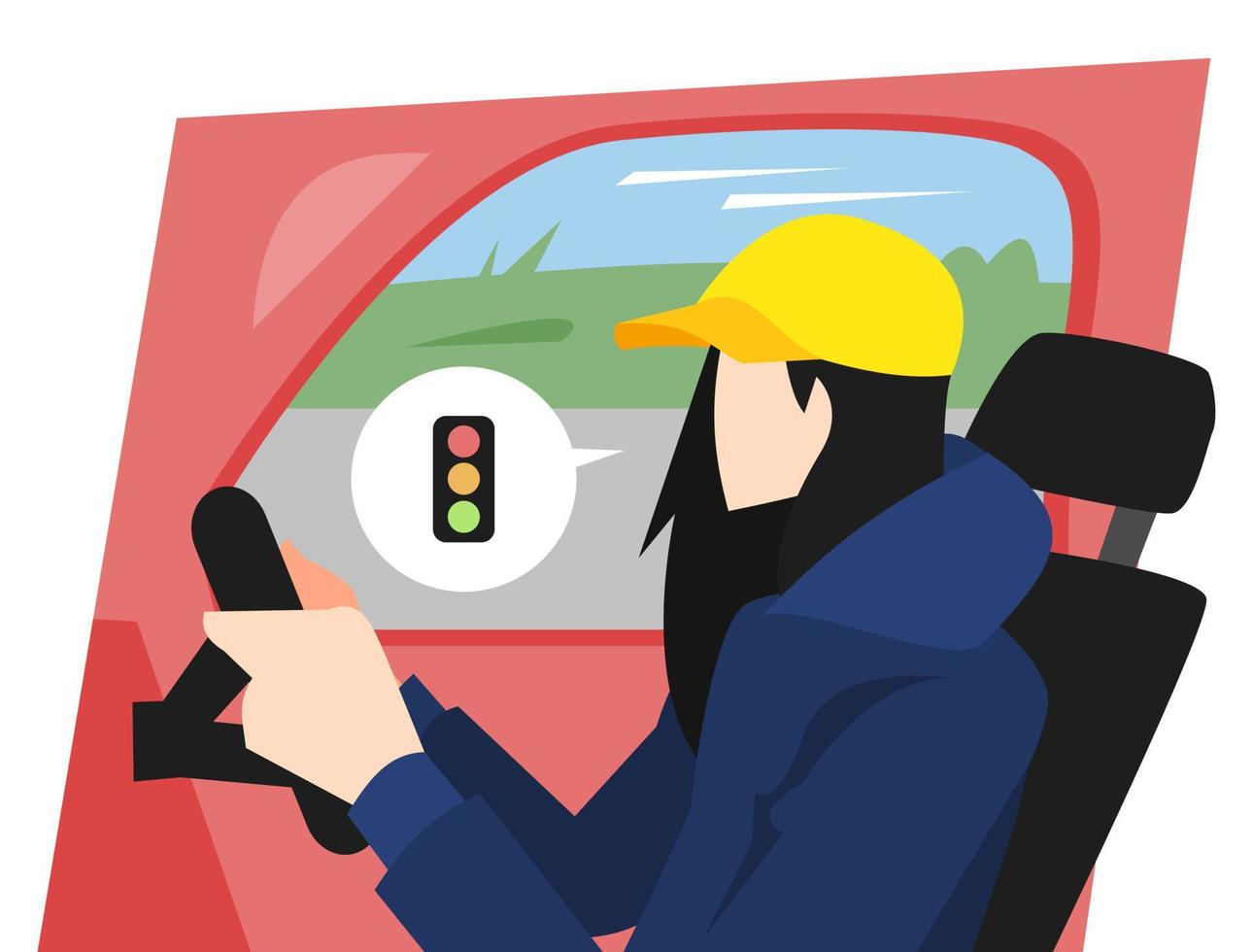 femme au volant d'une voiture vue de côté. avec une icône de feu de circulation. concept de conduite, règles de conduite, sécurité, voyages. illustration vectorielle plane vecteur