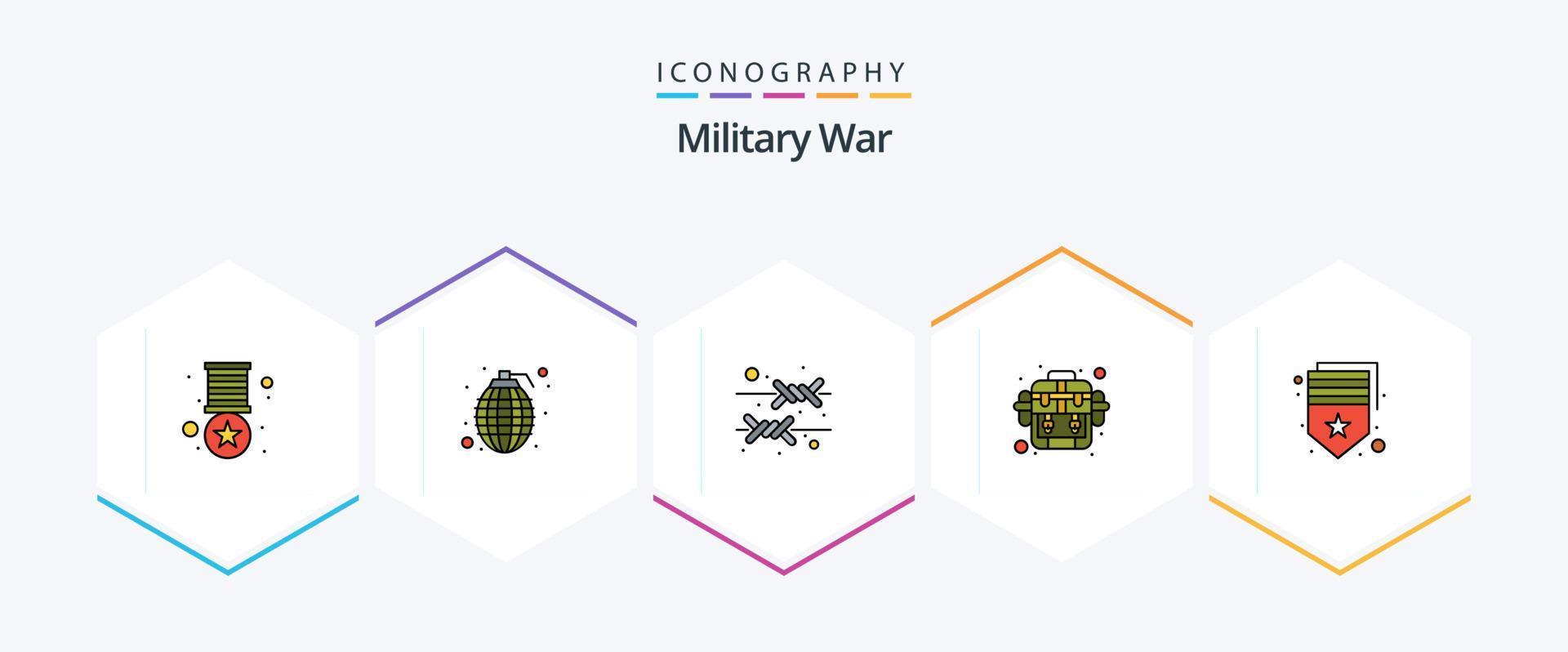 guerre militaire 25 pack d'icônes fillline, y compris l'armée. camping. frontière. sac. armée vecteur