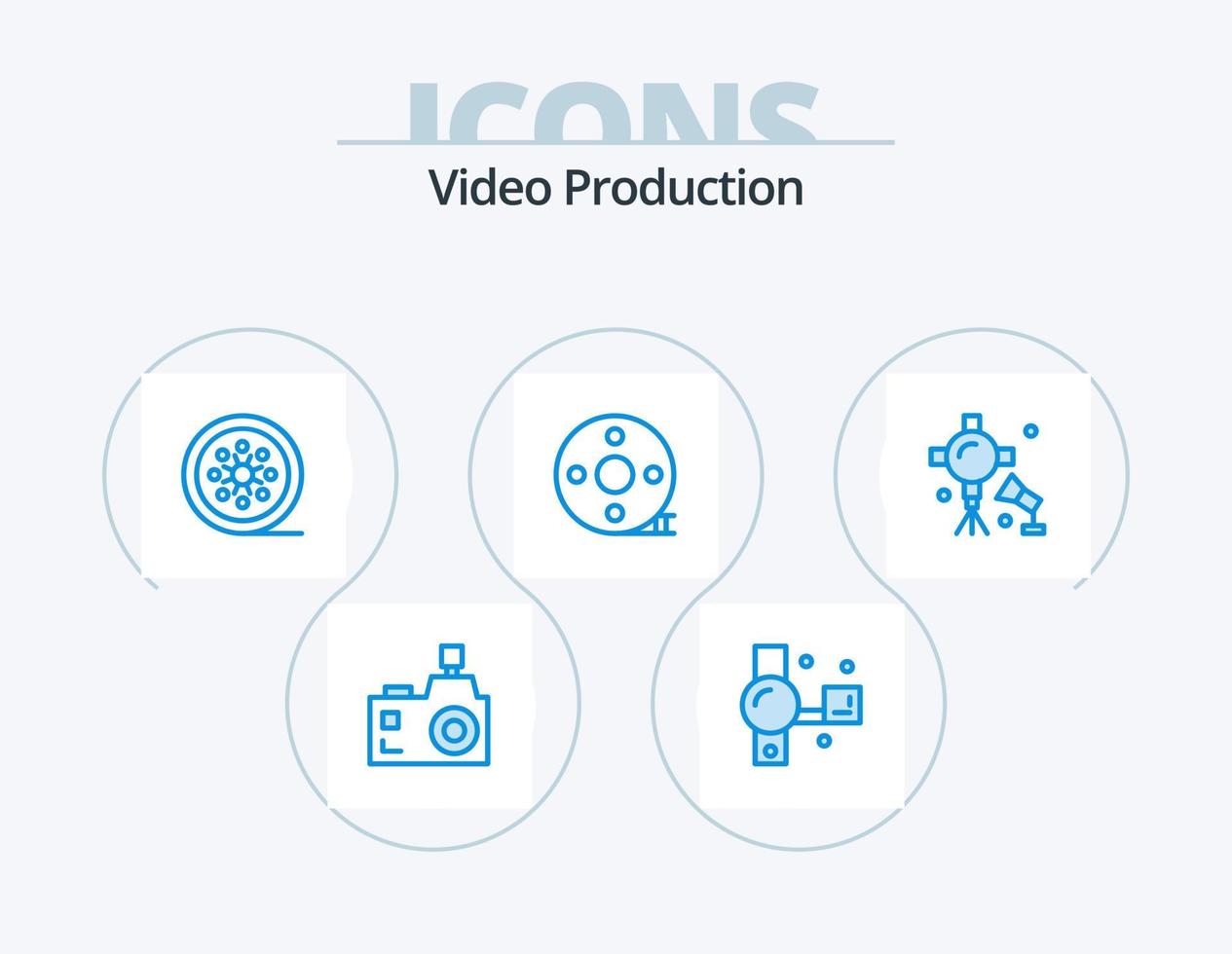 pack d'icônes bleues de production vidéo 5 conception d'icônes. battant. battant d'action. enregistrement. moulinet d'époque. bobine de film vecteur