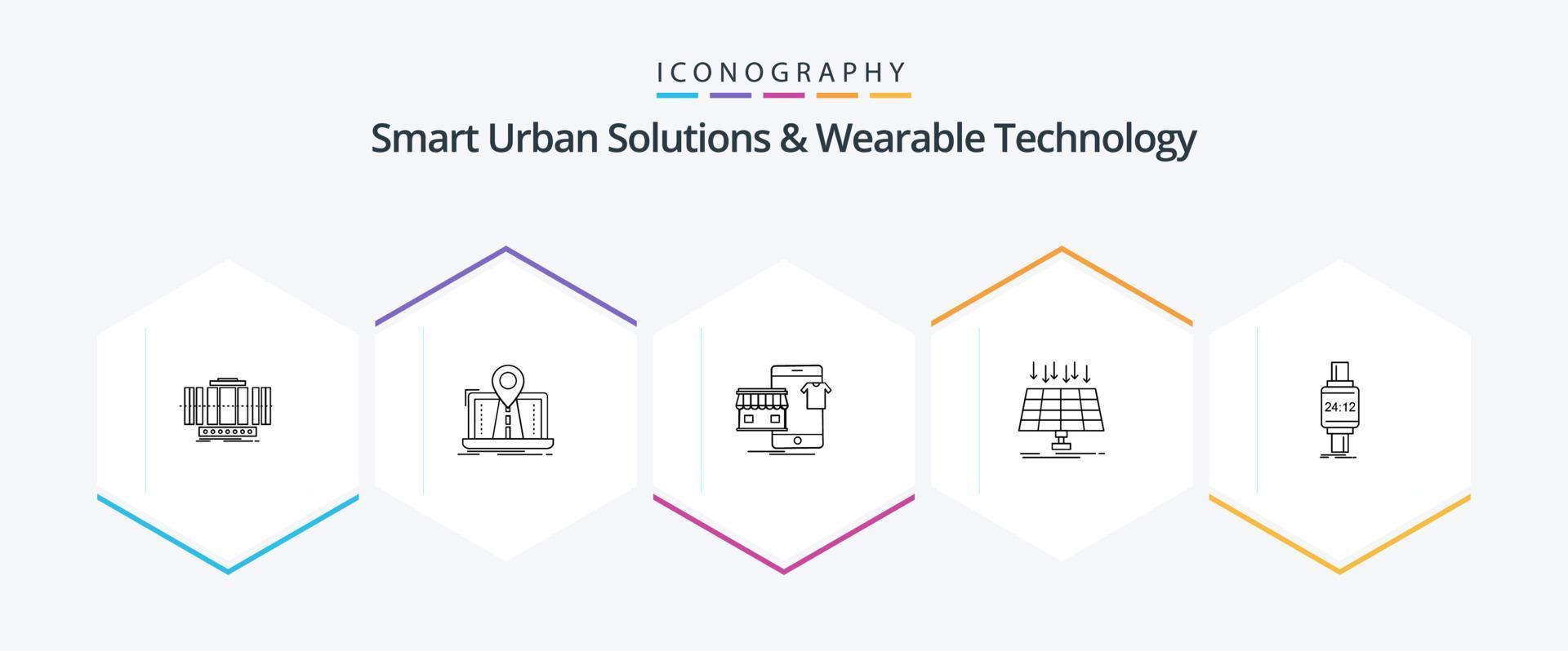 solutions urbaines intelligentes et pack d'icônes de 25 lignes de technologie portable, y compris l'énergie. solaire. GPS. boutique. acheter vecteur