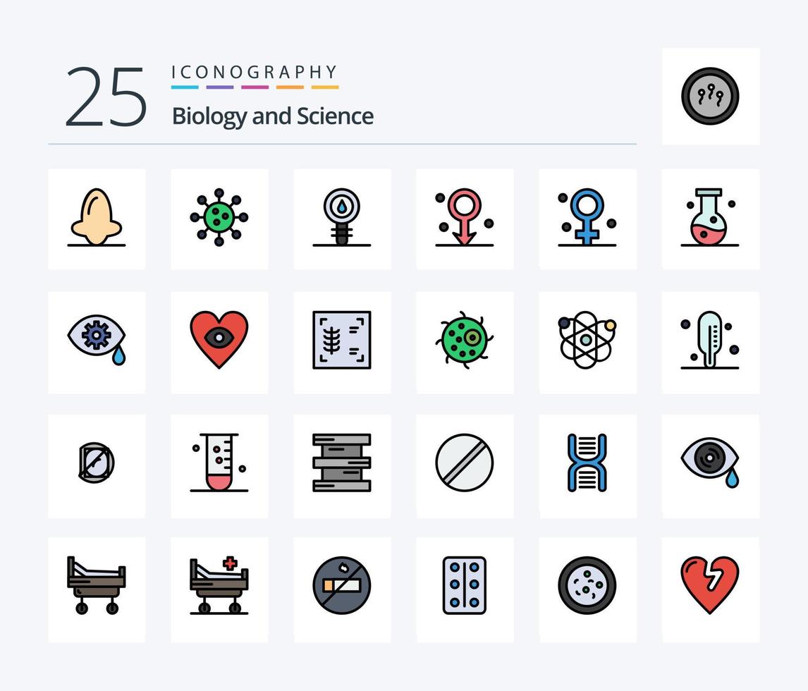 pack d'icônes rempli de 25 lignes de biologie, y compris médical. femme. chimie. la biologie. soins de santé vecteur