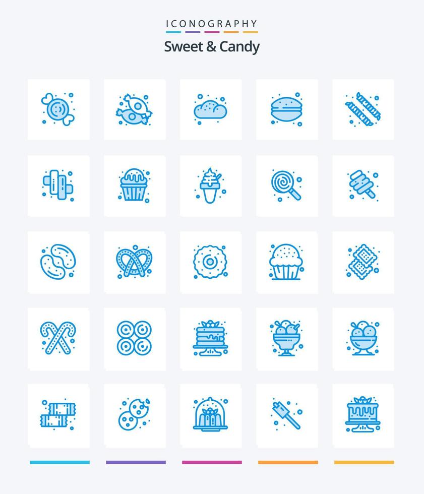 pack d'icônes bleues créatives douces et sucrées 25 telles que la nourriture. petit gâteau. gâteau. guimauve. camping vecteur