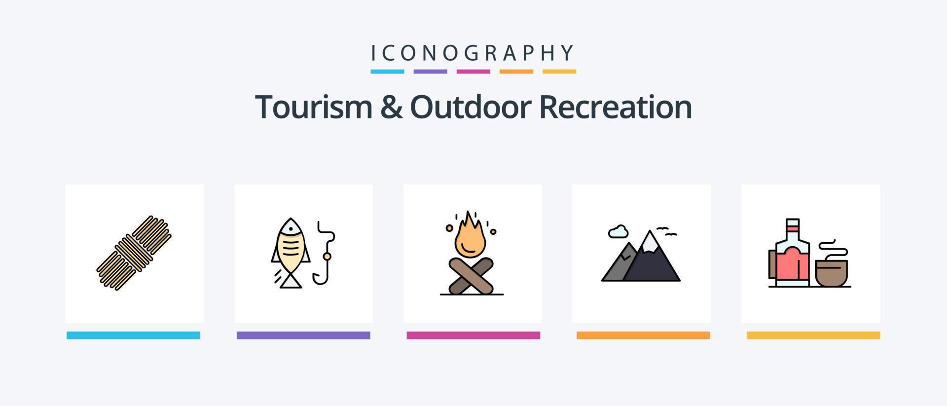 ligne de tourisme et de loisirs de plein air remplie de 5 icônes, y compris l'emplacement. kayak. banc. canoë. pique-nique. conception d'icônes créatives vecteur