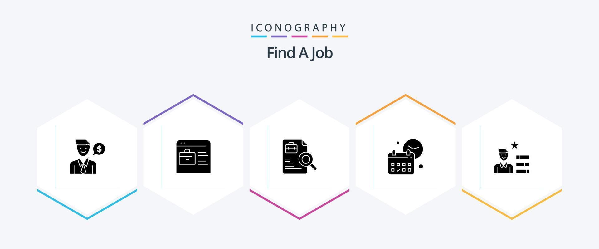 trouver un pack d'icônes de 25 glyphes d'emploi, y compris trouver un emploi. temps. ouvrier. jour. calendrier vecteur