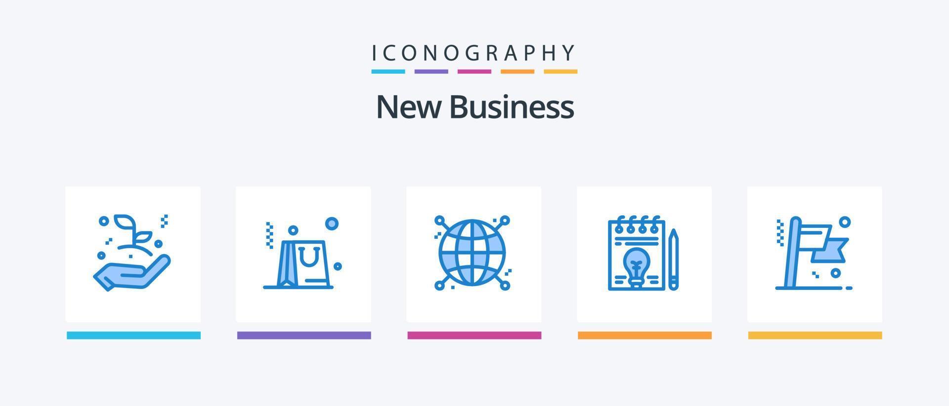 nouveau pack d'icônes bleu business 5, y compris le drapeau. réalisation. se concentrer. stylo. document. conception d'icônes créatives vecteur