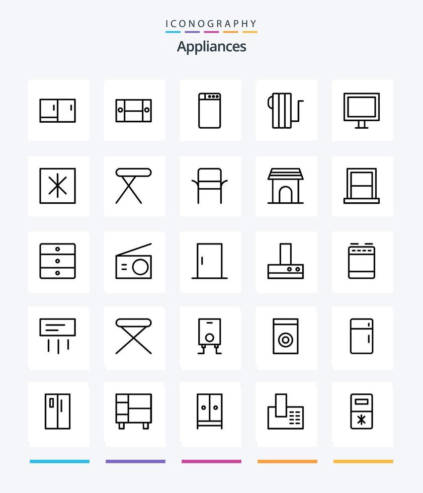 appareils créatifs 25 pack d'icônes de contour tels que les appareils. glacière. chaleur. réfrigérateur. télévision vecteur