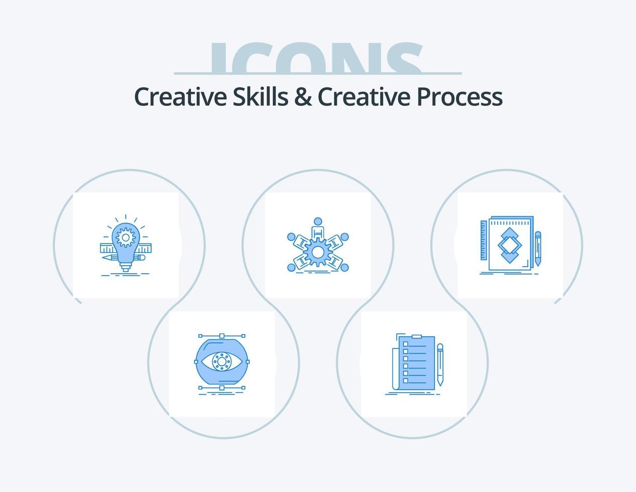 compétences créatives et processus créatif pack d'icônes bleues 5 conception d'icônes. groupe. liste. escalader. ampoule vecteur