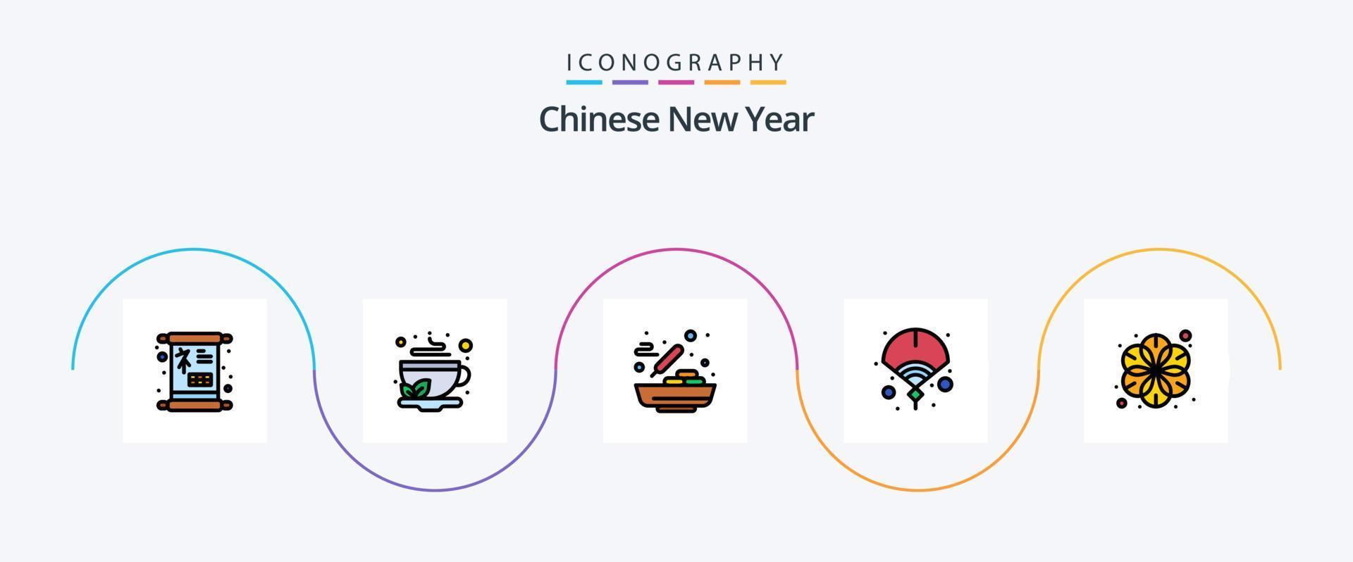 pack d'icônes plat rempli de 5 lignes du nouvel an chinois, y compris le chinois. nouveau. thé. ventilateur. soupe vecteur