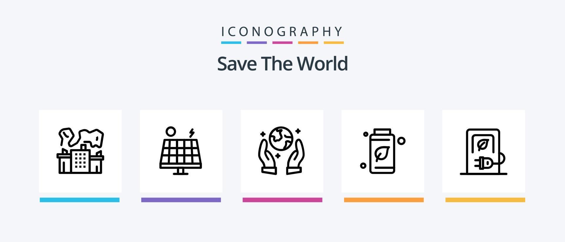 sauvez le pack d'icônes de la ligne 5 du monde, y compris l'énergie. sauvegarder. fumée. monde. cœur. conception d'icônes créatives vecteur