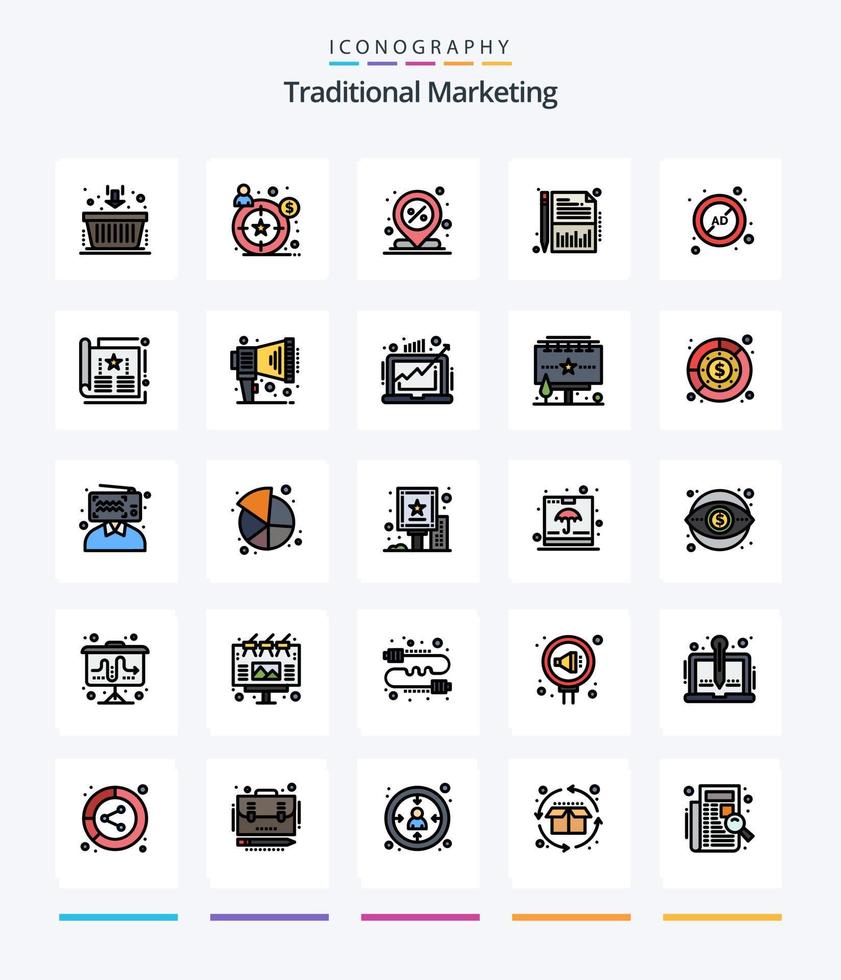 pack d'icônes rempli de 25 lignes de marketing traditionnel créatif tel que le bloc d'annonces. feuille. rabais. rapport. équilibre vecteur