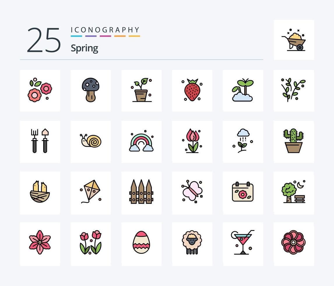 pack d'icônes rempli de 25 lignes de printemps, y compris l'augmentation. baie. feuille. fruit. fraise vecteur