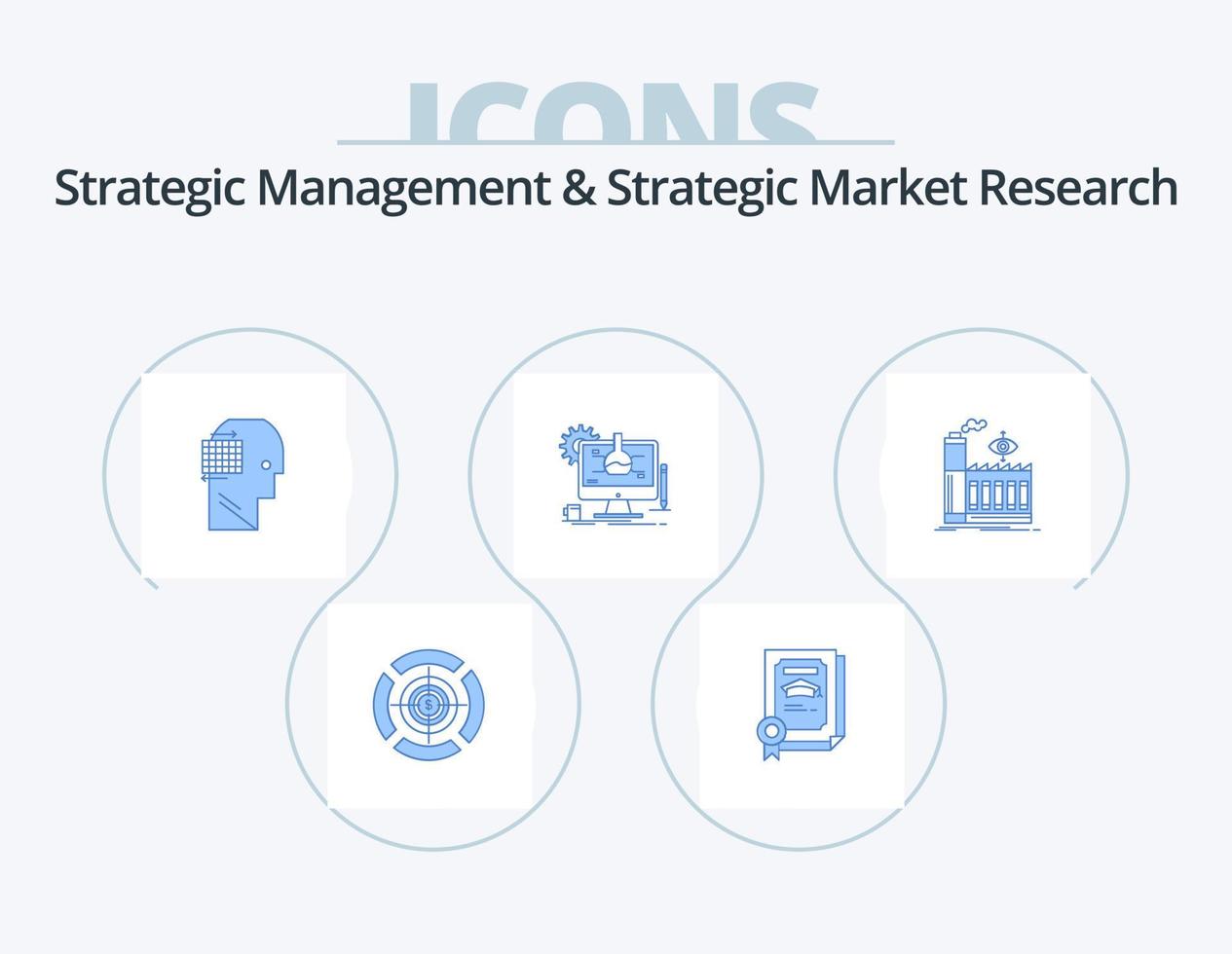 gestion stratégique et recherche de marché stratégique pack d'icônes bleues 5 conception d'icônes. usine. technologie. utilisateur. il. chimique vecteur