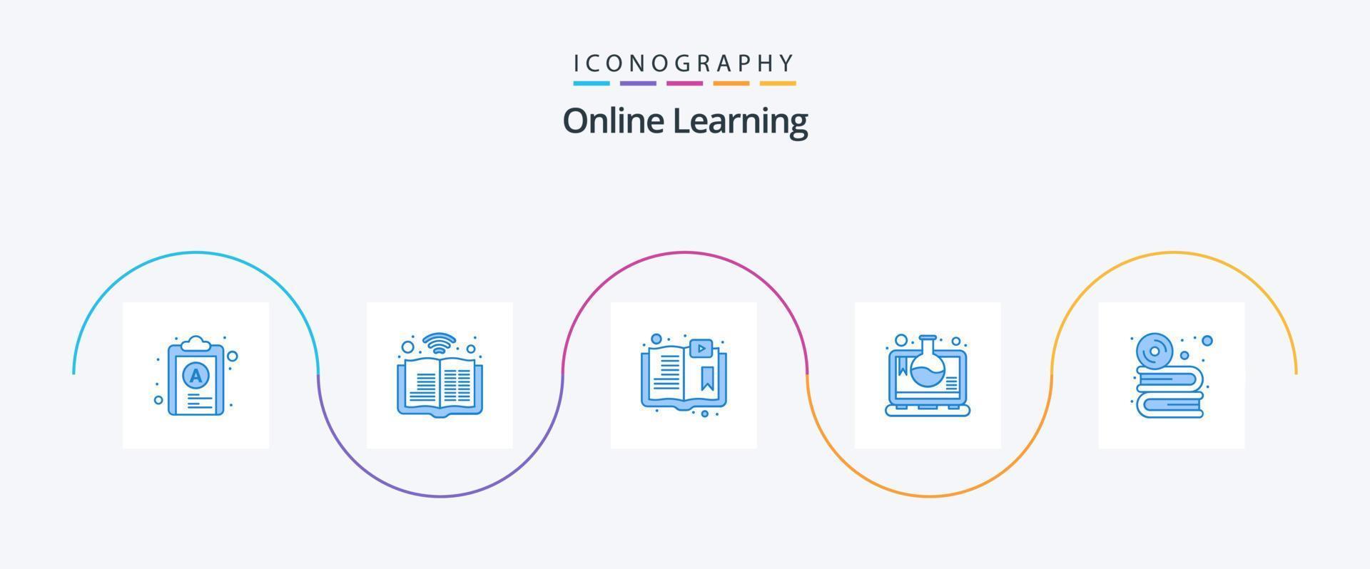 pack d'icônes bleues d'apprentissage en ligne 5 comprenant un disque. ordinateur portable. livre. l'enseignement des sciences en ligne. test de laboratoire vecteur