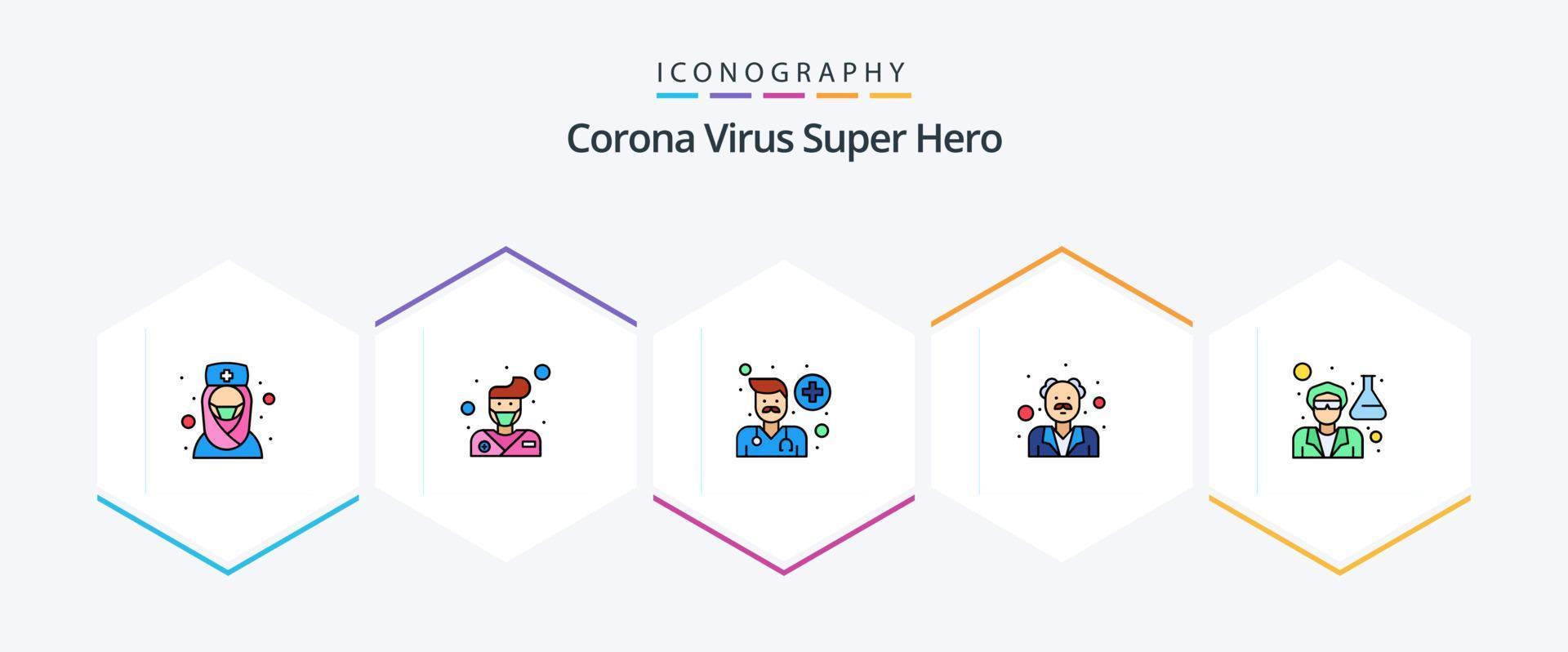 virus corona super héros 25 pack d'icônes fillline comprenant un médecin. humain. avatar. médecin. senior vecteur