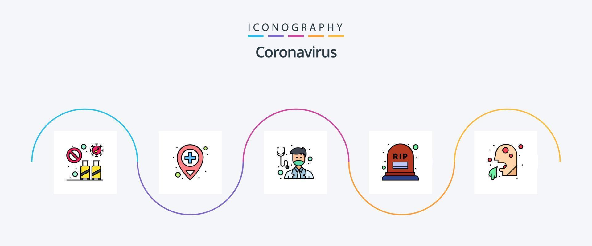ligne de coronavirus remplie de pack d'icônes plat 5, y compris rip. grave. médical. compter. médical vecteur